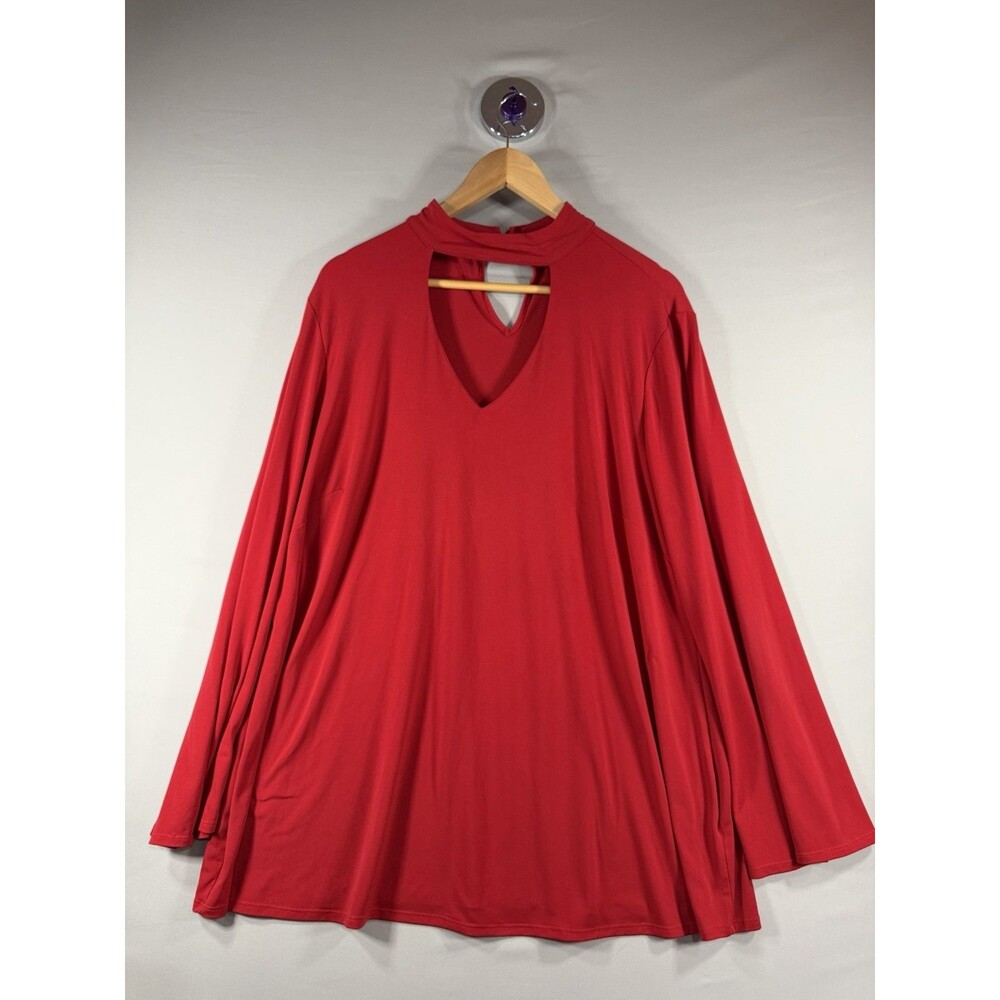 Cato Womens Plus Size 18/20 Red Tunic  Top Choker Neckline Stretchy Fabric L/S